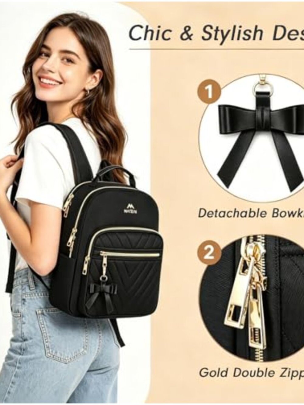 Mini Backpack Purse Waterproof Polyester Women Daypack Detachable Bow Small - Picture 4 of 5